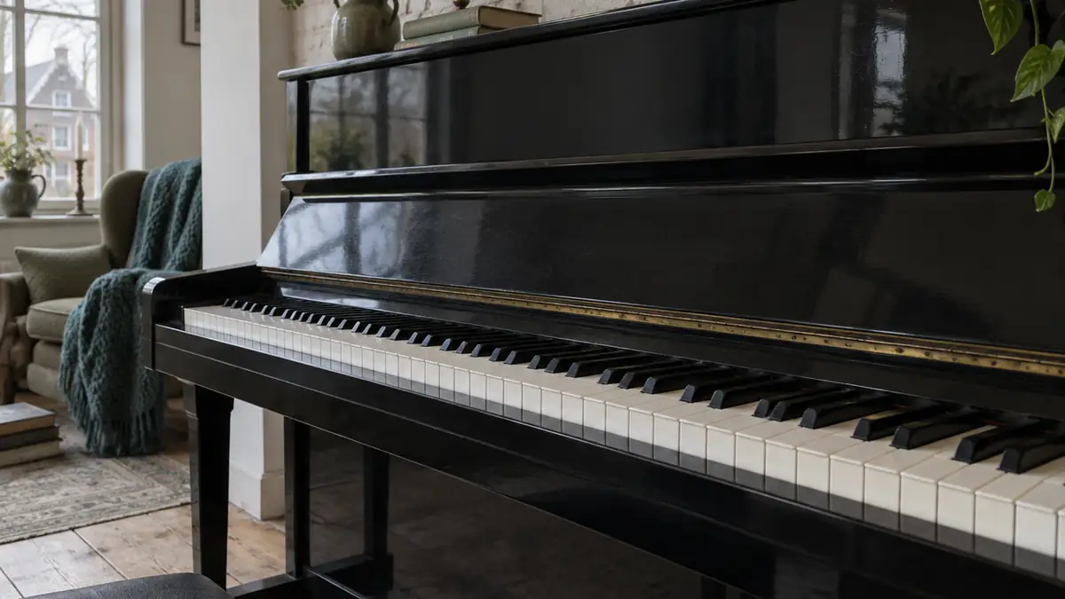 Akoestische piano's in een gewone Nederlandse ruimte, gezien vanaf de pianokruk