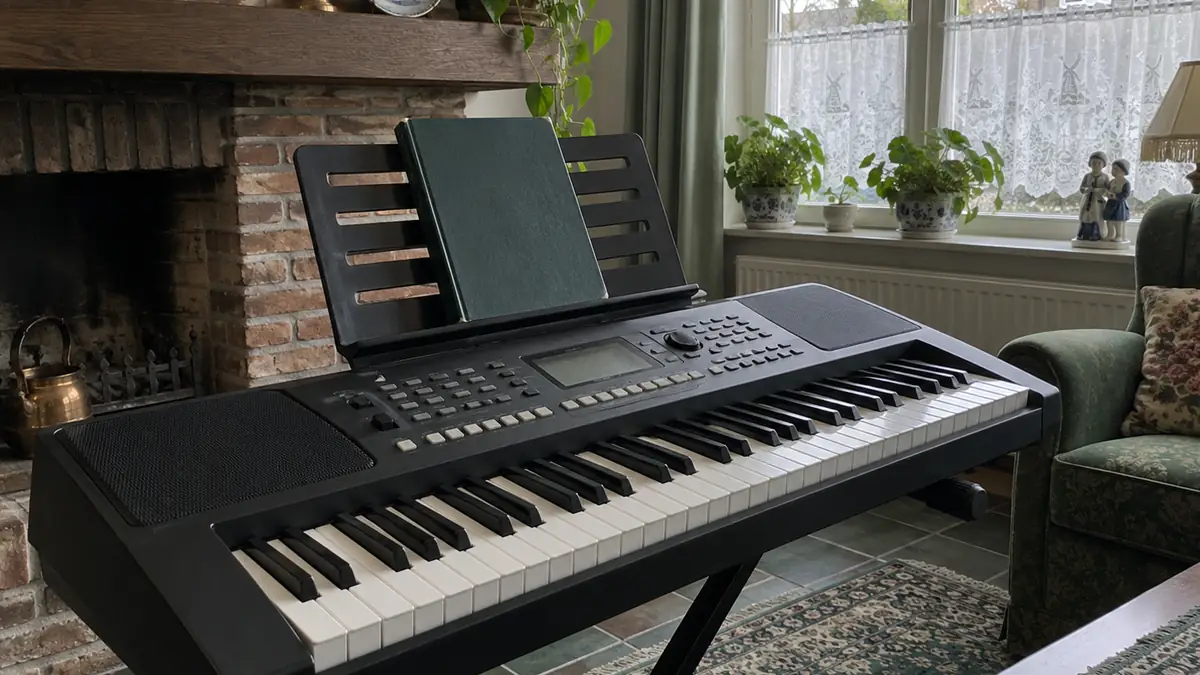 Keyboards met begeleiding in een gewone Nederlandse ruimte, gezien vanaf de pianokruk