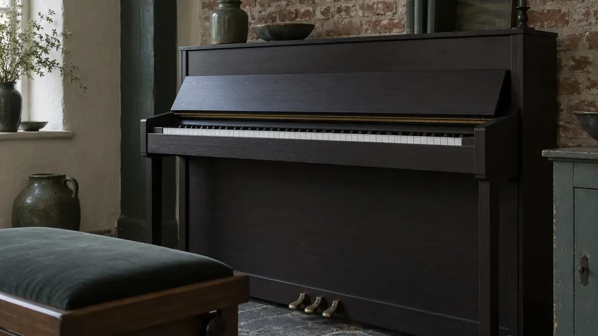 Digitale piano's in een gewone Nederlandse ruimte, gezien vanaf de pianokruk
