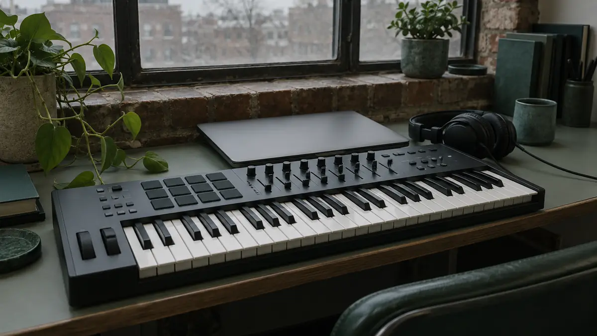 Masterkeyboards in een gewone Nederlandse ruimte, gezien vanaf de pianokruk