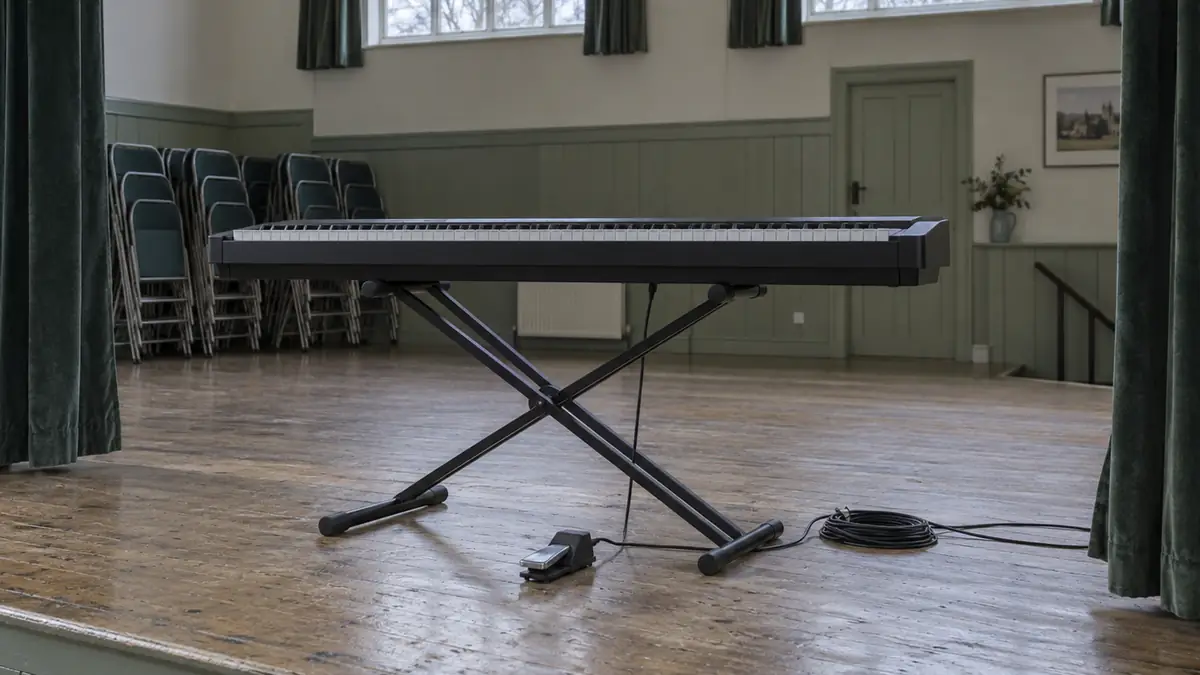 Stagepiano's in een gewone Nederlandse ruimte, gezien vanaf de pianokruk
