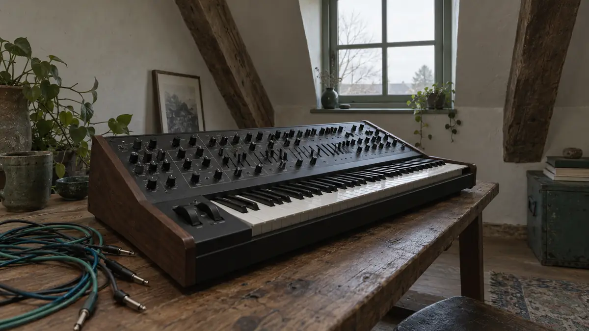 Synthesizers en workstations in een gewone Nederlandse ruimte, gezien vanaf de pianokruk