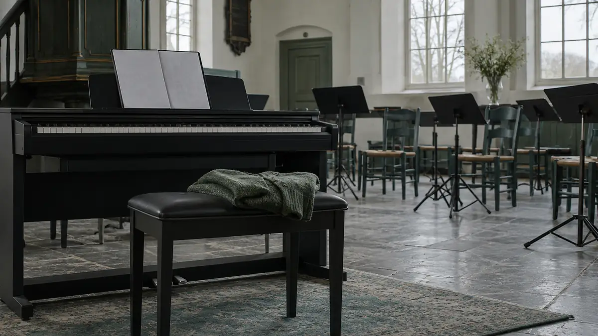 Een lege pianobank voor een stagepiano in een Friese kerkzaal waar een koor repeteert