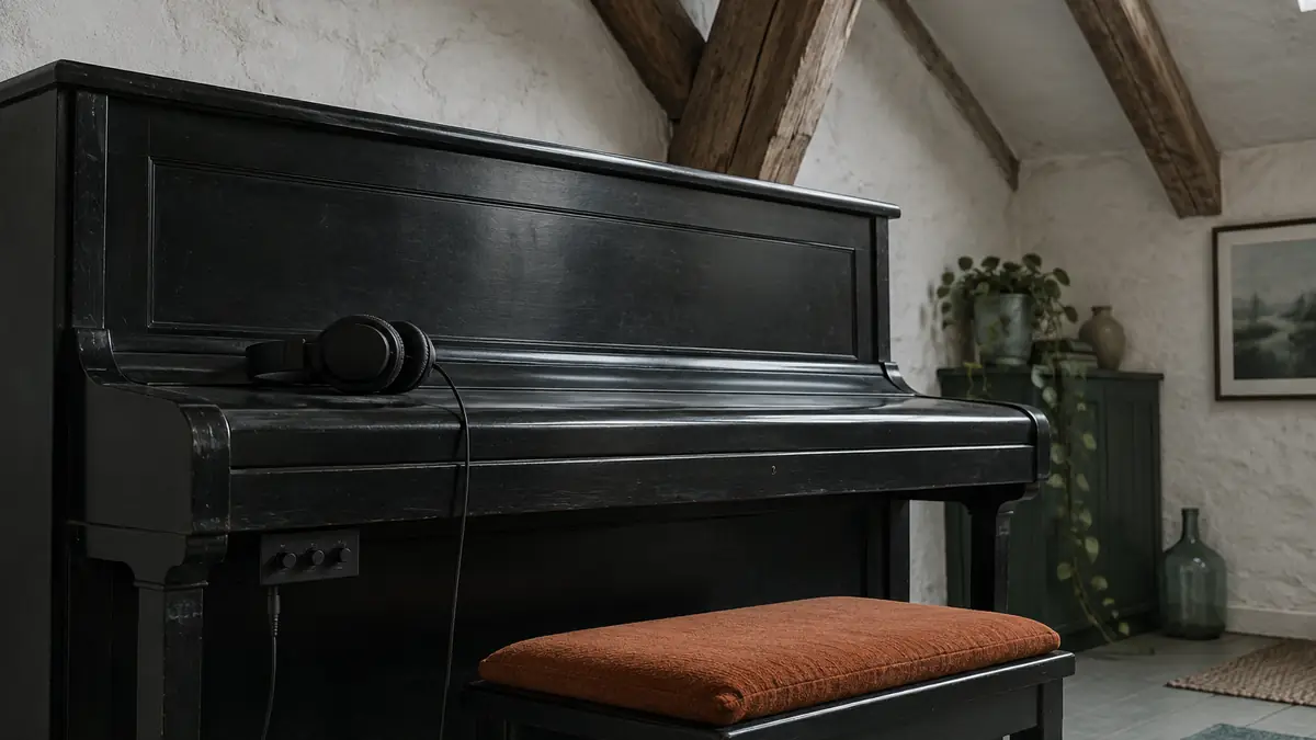 Een akoestische staande piano en een slanke digitale piano naast elkaar tegen een bakstenen muur, met een koptelefoon op de klep