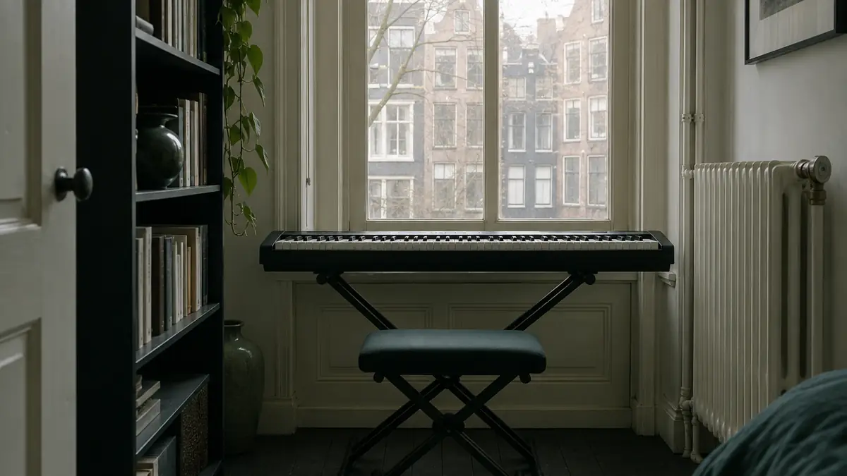 Een smalle digitale piano tegen de muur van een klein appartement, naast een raam met planten