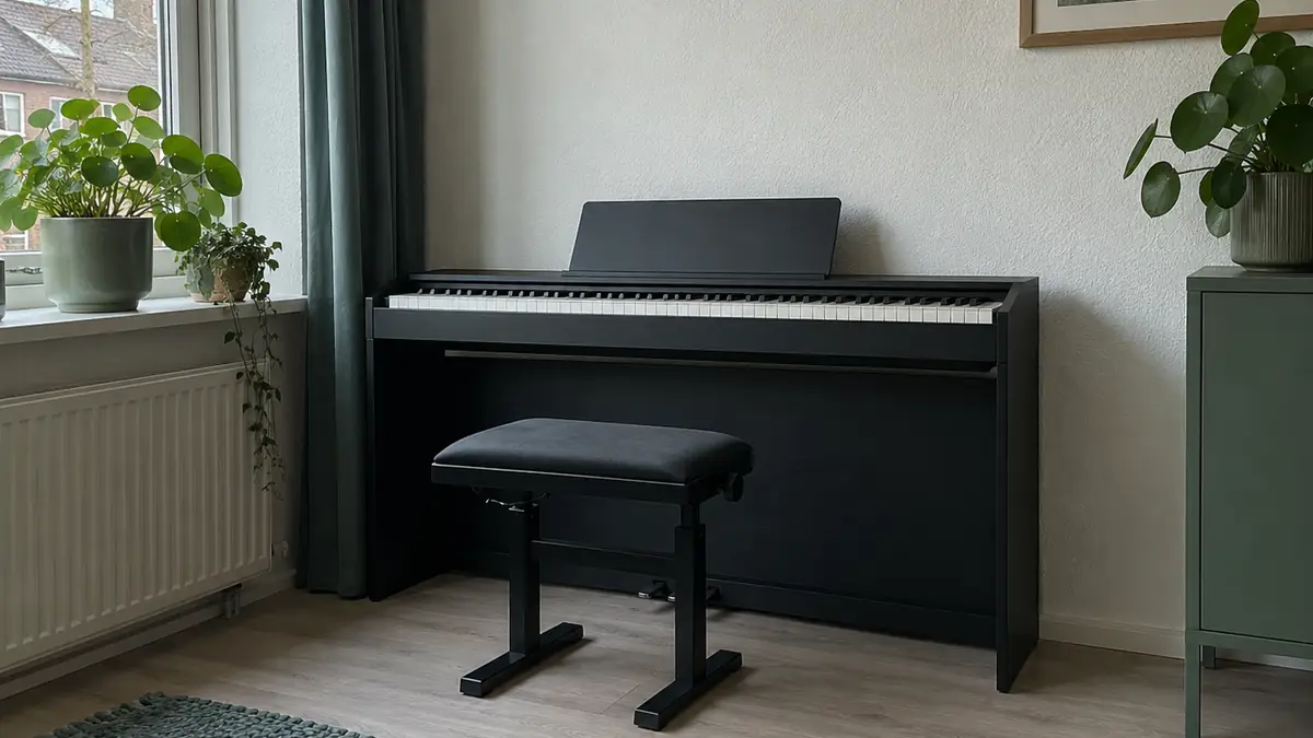 Een zwarte digitale piano met geopende klep in een lichte woonkamer, met een lesboek op de lessenaar