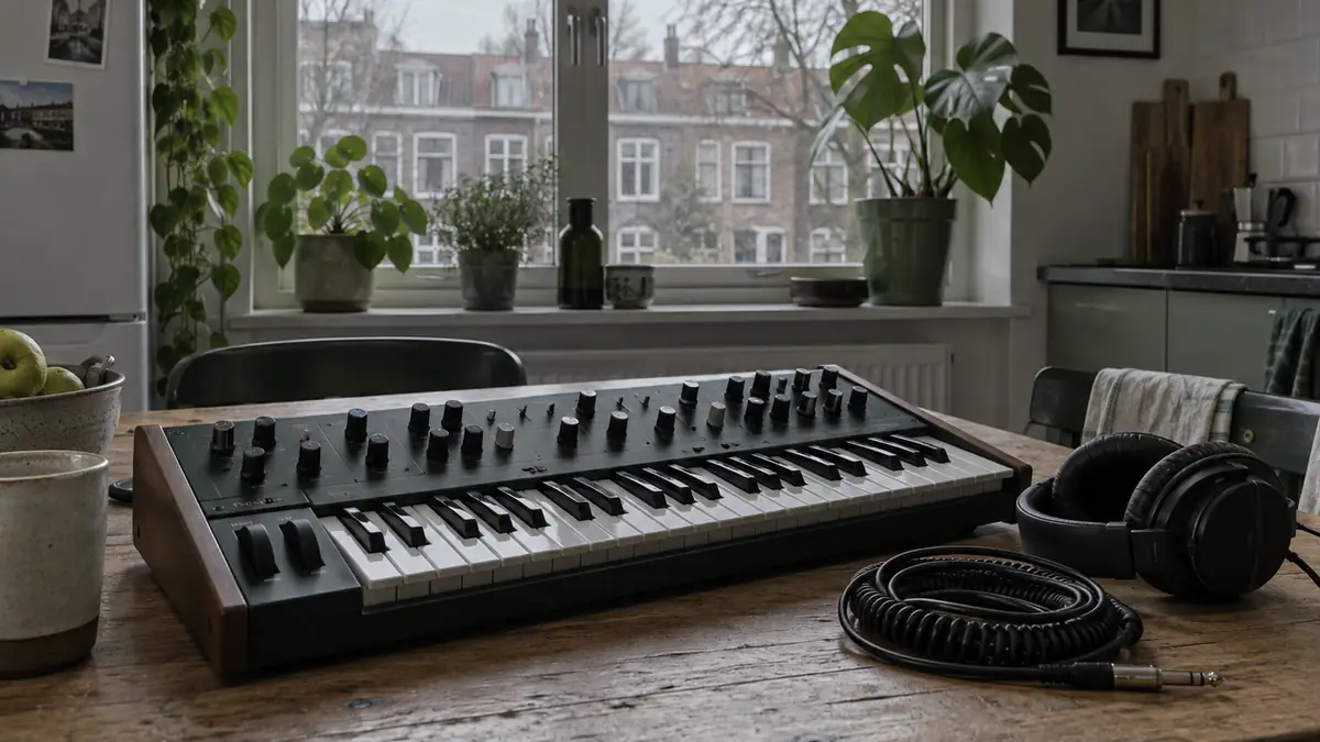 Een kleine analoge synthesizer met veel draaiknoppen op een houten tafel, naast een koptelefoon