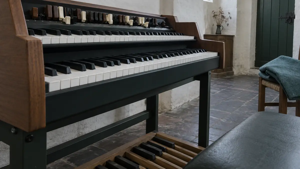 Een draagbaar orgel met twee klavieren op een standaard in een repetitieruimte, gezien vanaf de kruk