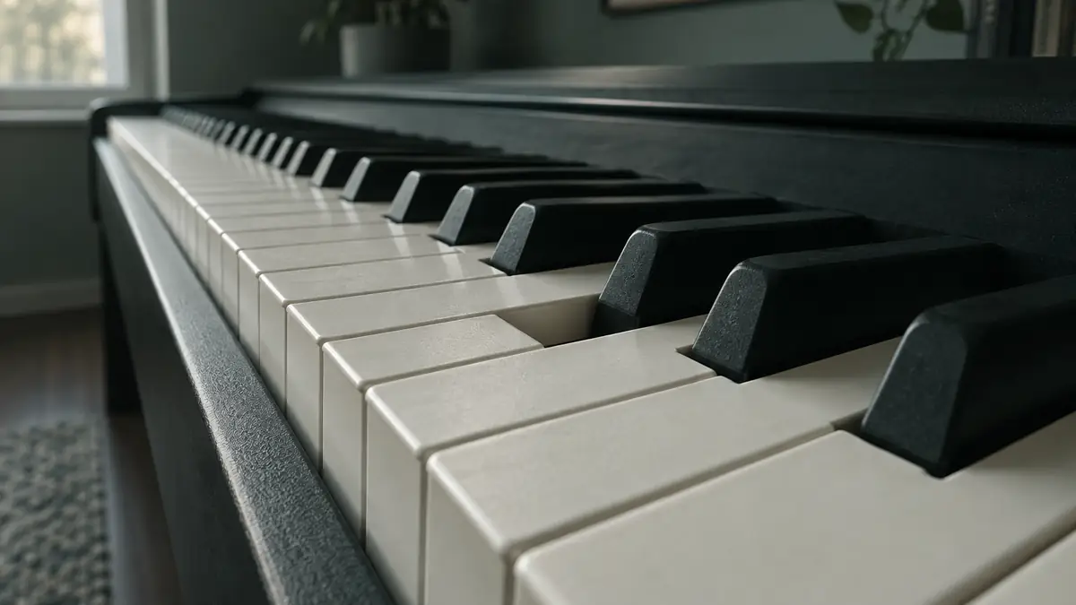 Close-up van de toetsen van een digitale piano in zijlicht, met een hand die een akkoord aanslaat