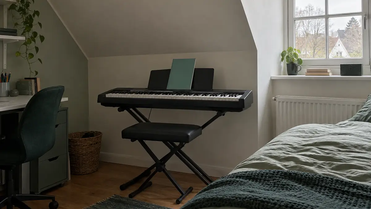 Een kind en een volwassene aan een keyboard met verlichte toetsen aan de keukentafel, met een tablet ernaast