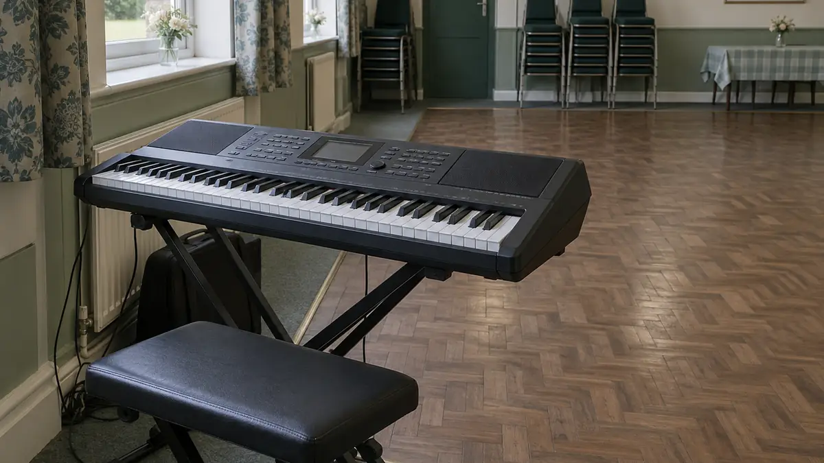 Een arranger-keyboard met kleurenscherm in een huiskamer, met bladmuziek van populaire liedjes op de lessenaar