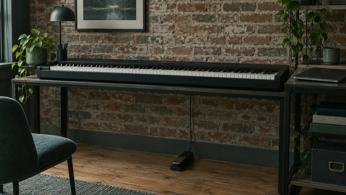 Een masterkeyboard met 88 toetsen op een stevige tafel, met een laptop en twee studiomonitoren erachter