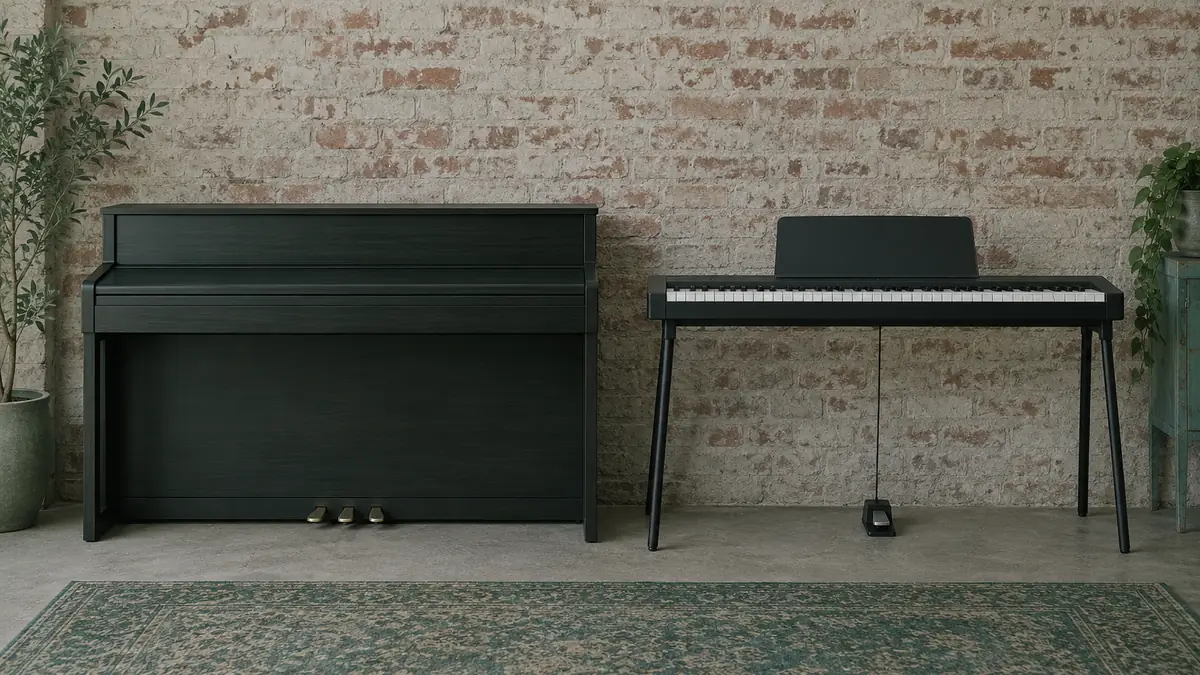 Twee digitale piano's naast elkaar in een woonkamer, een meubelmodel en een compact model op een standaard