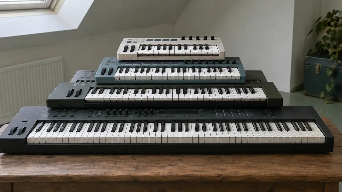 Een bureau met laptop, studiomonitoren en een klein midi-keyboard met verlichte pads
