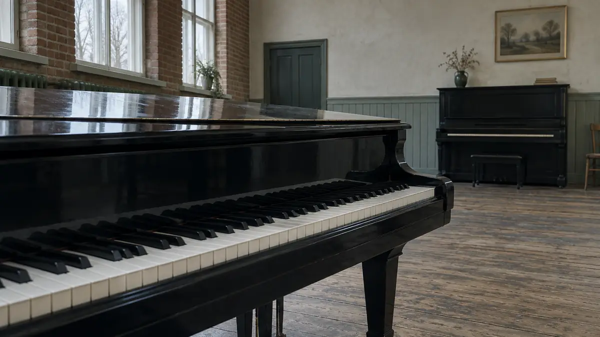 Een zwarte vleugel met gesloten klep in een hoog lokaal met bakstenen muren, met tegen de achterwand een staande piano