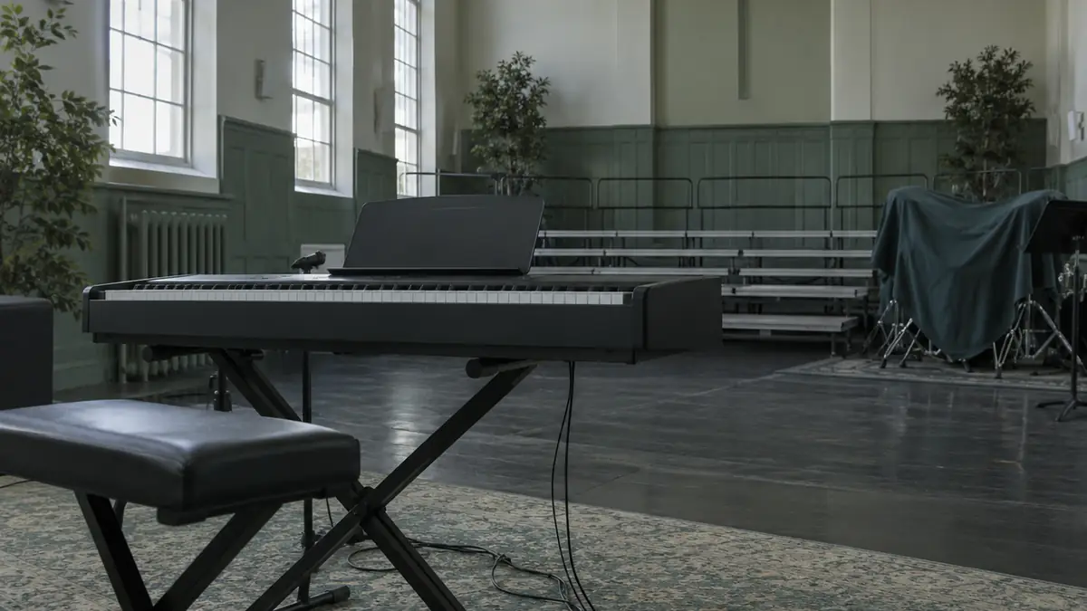 Een stagepiano op een standaard in een repetitieruimte, met een koor op de achtergrond