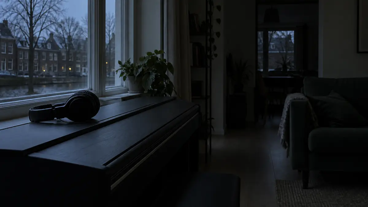 Iemand speelt 's avonds met een koptelefoon op een digitale piano in een donkere woonkamer met één lamp