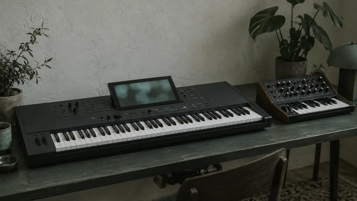 Een workstation met een groot aanraakscherm op een standaard, met een tweede synthesizer erboven op een podium