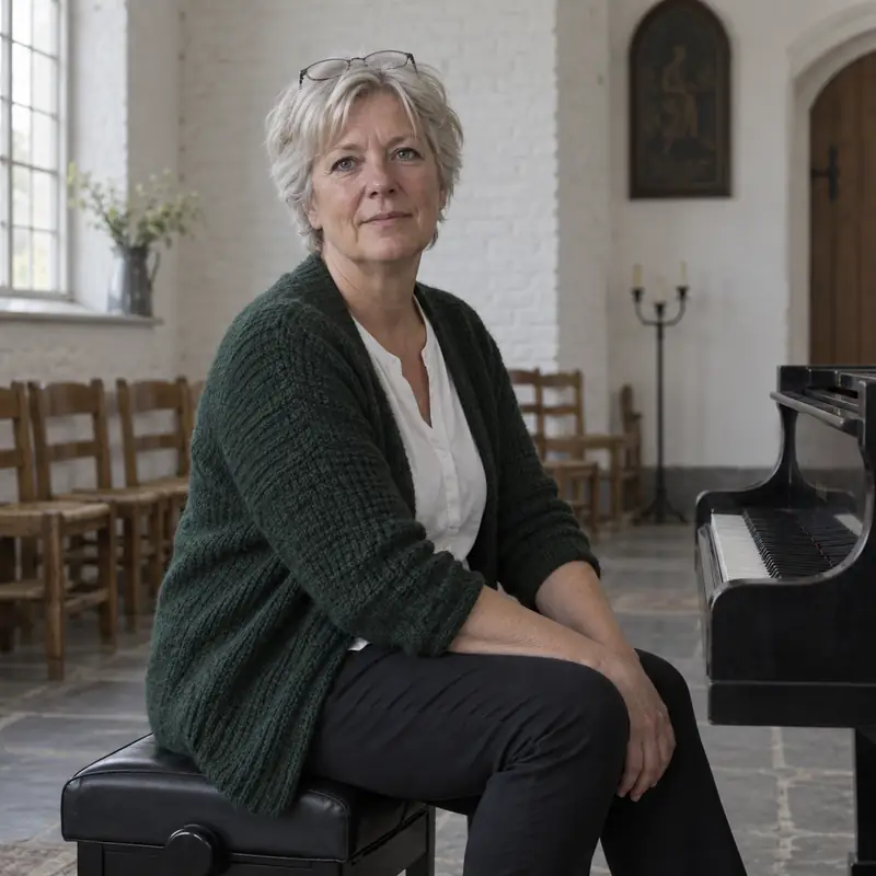Portret van Marijke Hylkema op een pianobank in een repetitiezaal
