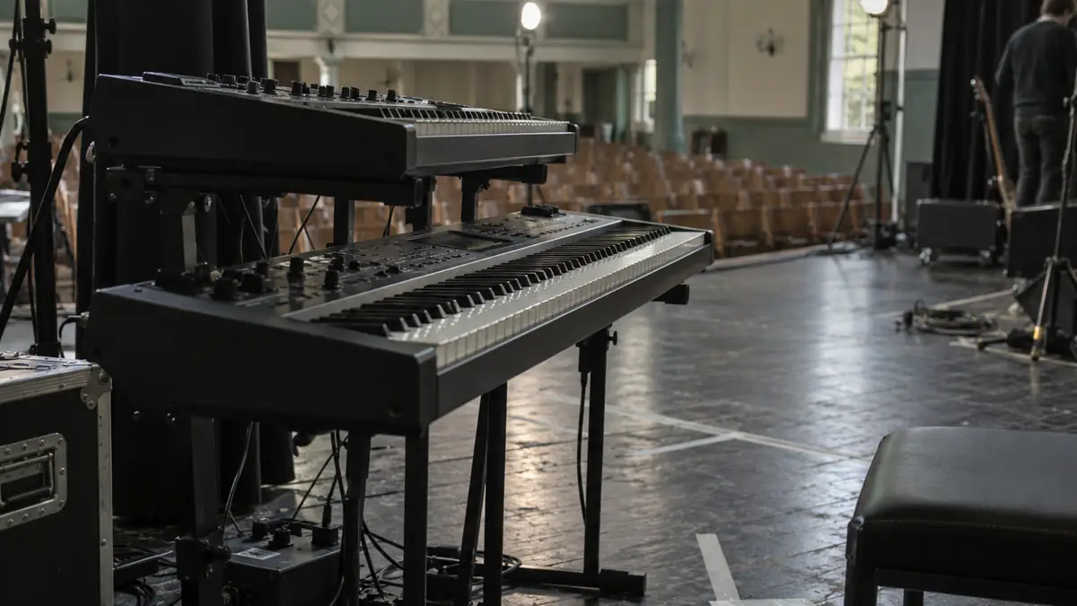 Op het podium: een toetsinstrument op zijn plek, gezien vanaf de pianokruk