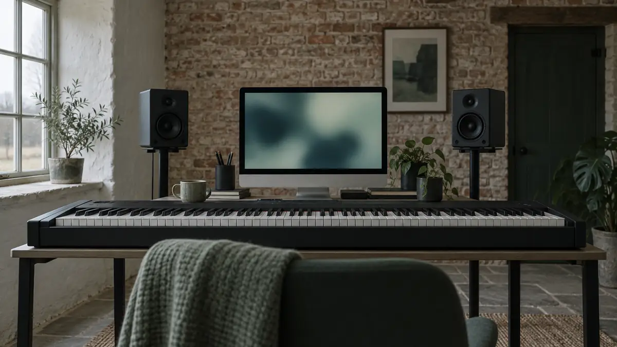 In de studio: een toetsinstrument op zijn plek, gezien vanaf de pianokruk