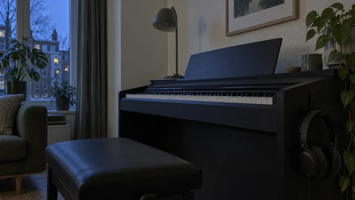 Thuis spelen: een toetsinstrument op zijn plek, gezien vanaf de pianokruk