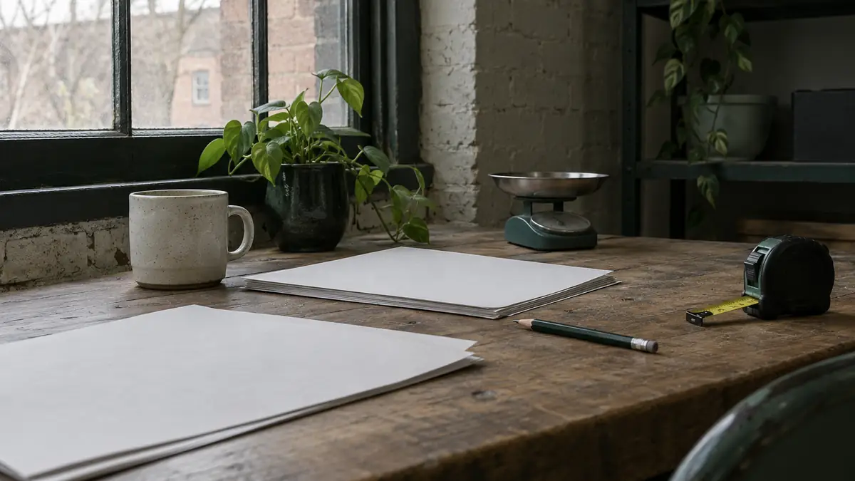 Een tafel bij een bakstenen raam met omgedraaide specificatiebladen, een potlood en een rolmaat